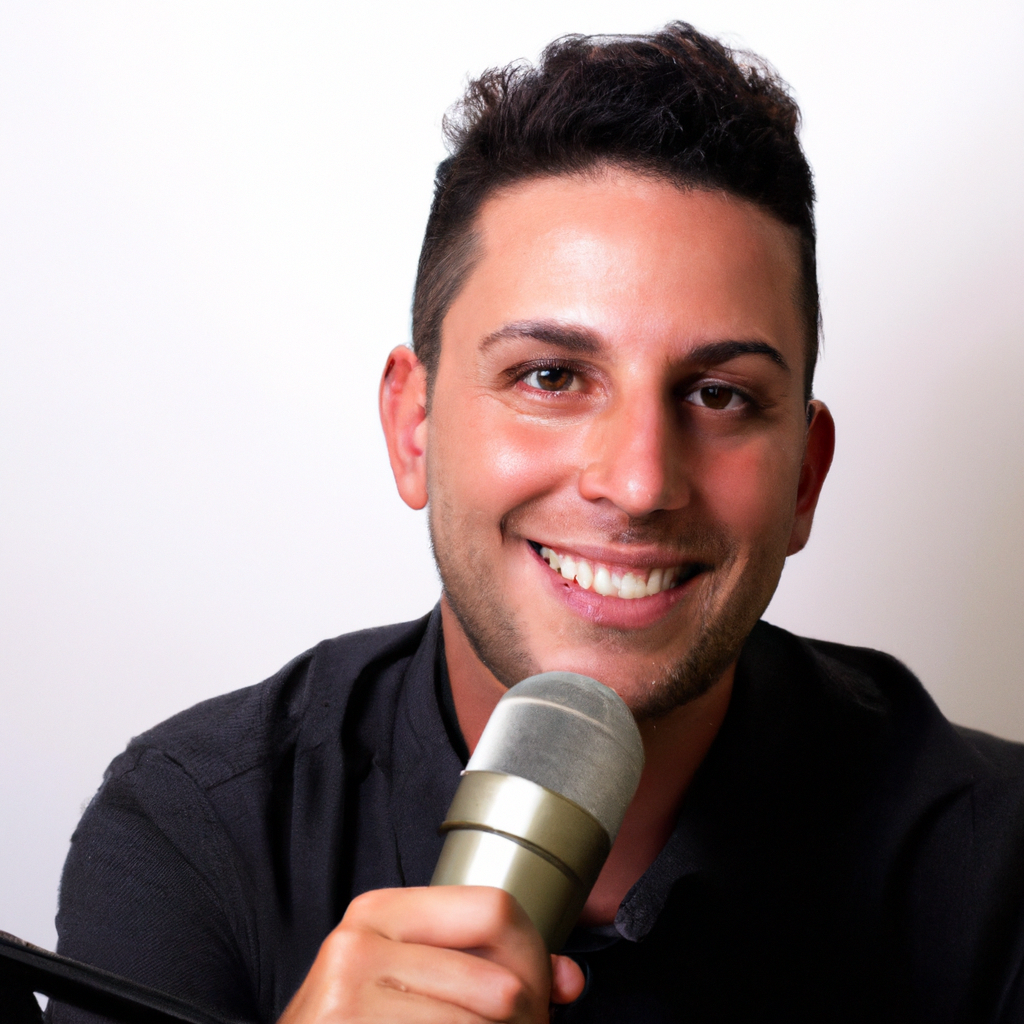 Ritratto di un oratore italiano con microfono in studio minimal bianco